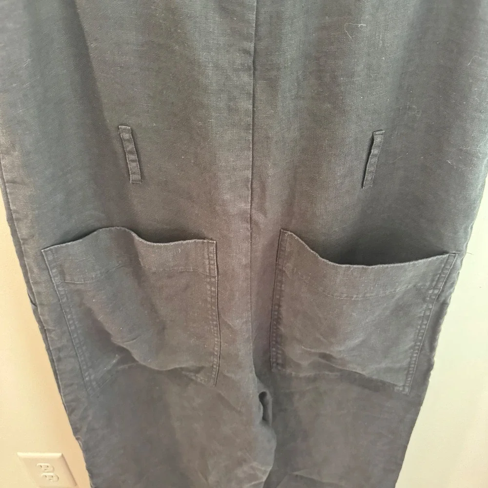 Banana Republic Black 100% Linen Wide Leg Jumpsuit Petite 12‎ Scoop Neck Pockets